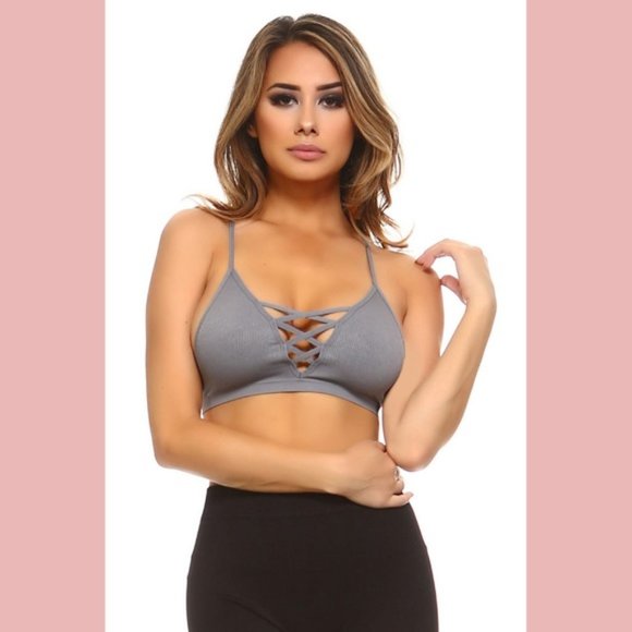 Ribbed Gray Crisscross Bralette - Picture 3 of 6